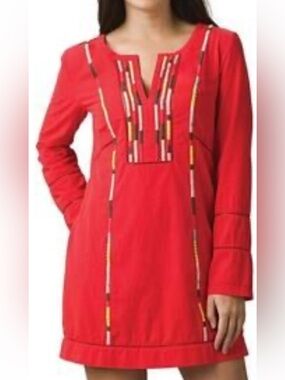 Prana Red Mini Dress with Multicolor Embroidered Trim Sz S-100% Organic Cotton